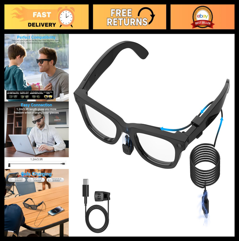 3.9ft Type-C Charging Cable for Ray-Ban & Oakley Meta Accessories, Travel Ready