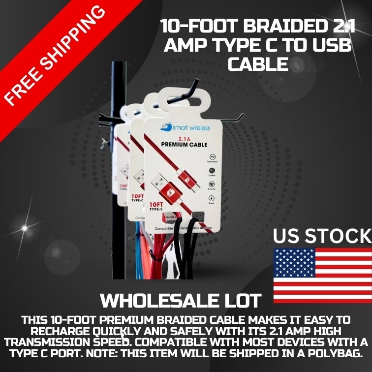 Wholesale Pack of 20 10 Foot Braided 2.1 A Type C to USB Cable for Fast Charging