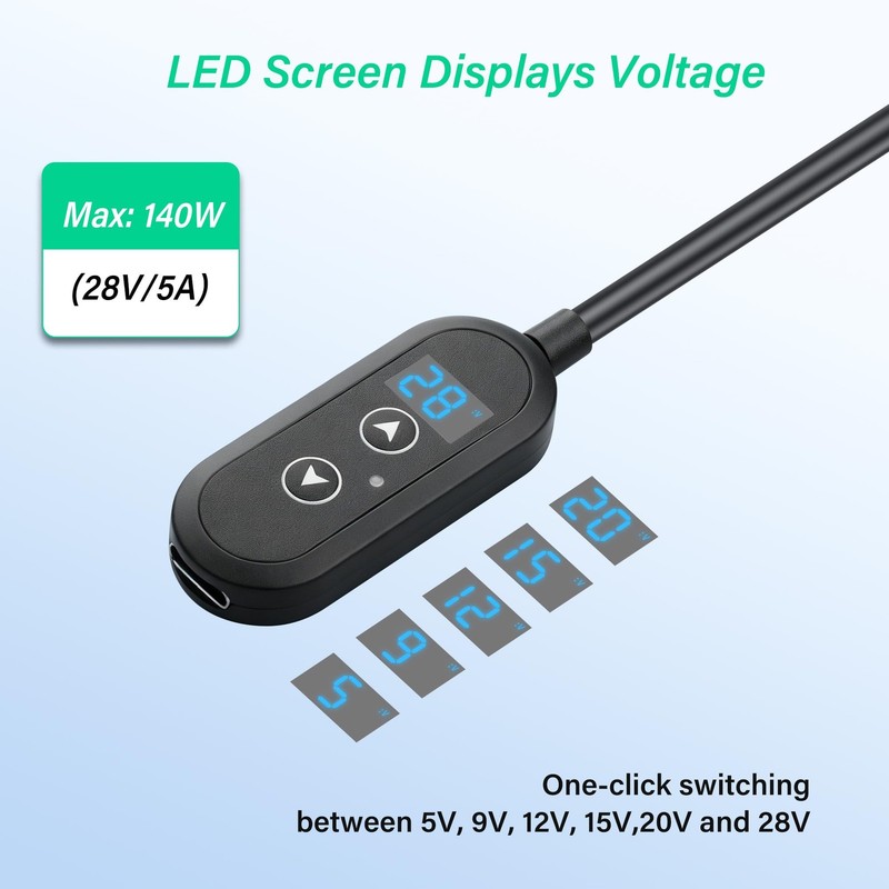 SinLoon PD 140W USB C to DC5525 Converter Cable | Adjustable Voltage 5V/9V/12... gallery