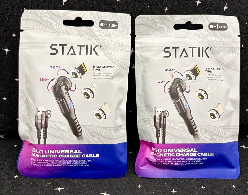 2 Statik 360 Universal Magnetic Charge Cable W/3 Magnetic Tips 6 Ft. New Sealed