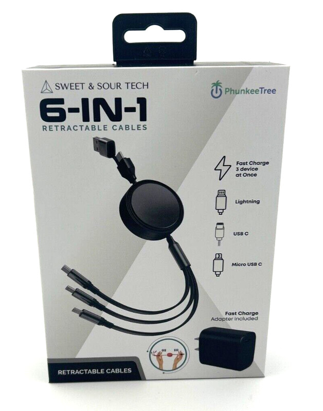 NEW Phunkee Tree 6-In-1 Retractable Cable SWEET SOUR TECH W/ FAST CHARGE ADAPTER