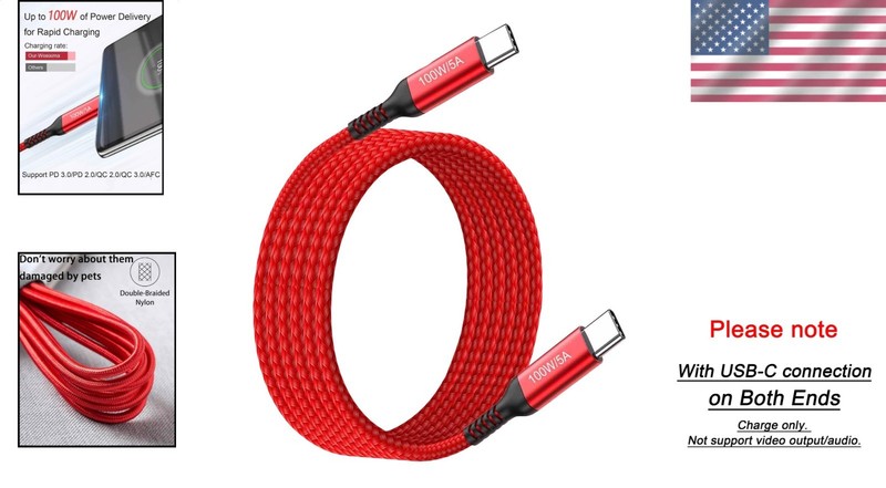 USB C Cable 15FT Red Nylon Braided 100W Fast Charge Type-C Cord MacBook Galaxy gallery