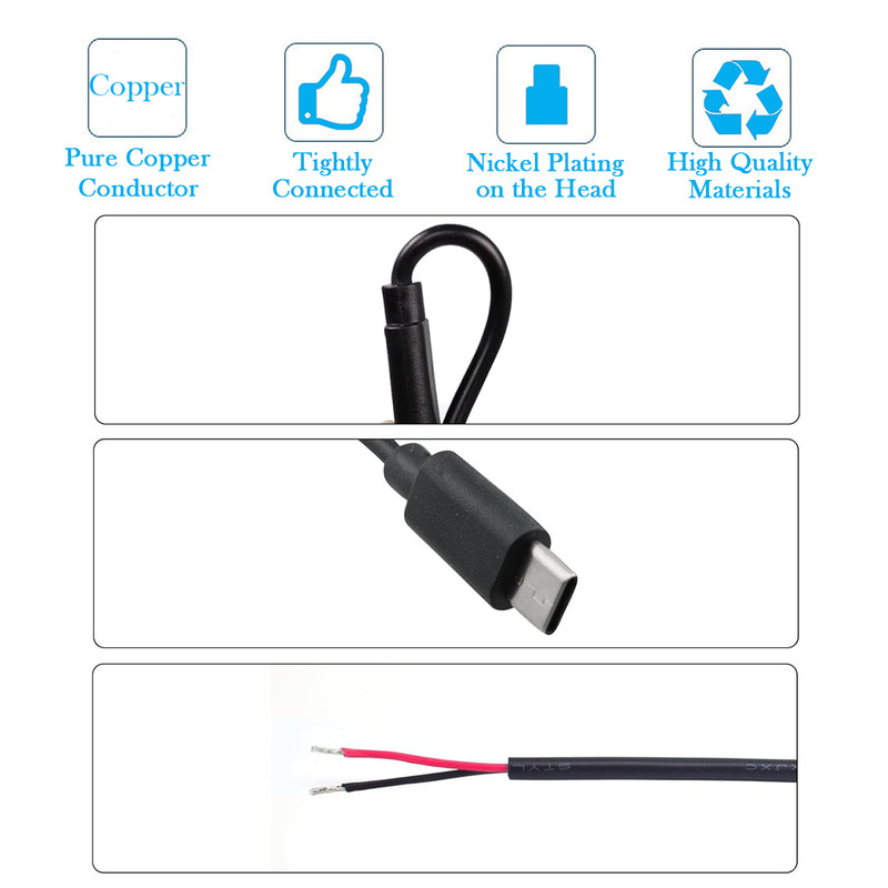 5x 0.3M/1FT USB-C Male Pigtail - 22AWG 5V/3A to 2-Pin Bare Wire DIY Repair Cable gallery