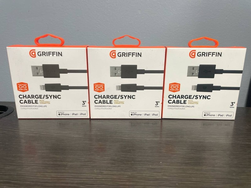 3-PACK Griffin Charge/Sync Cable w/ Lightining & USB-A Connector, 3 feet