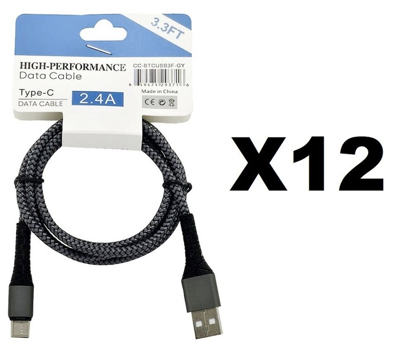 Lot of 12 High Performance Braided USB to USB-C Data Cable (3 Feet) Gray Color