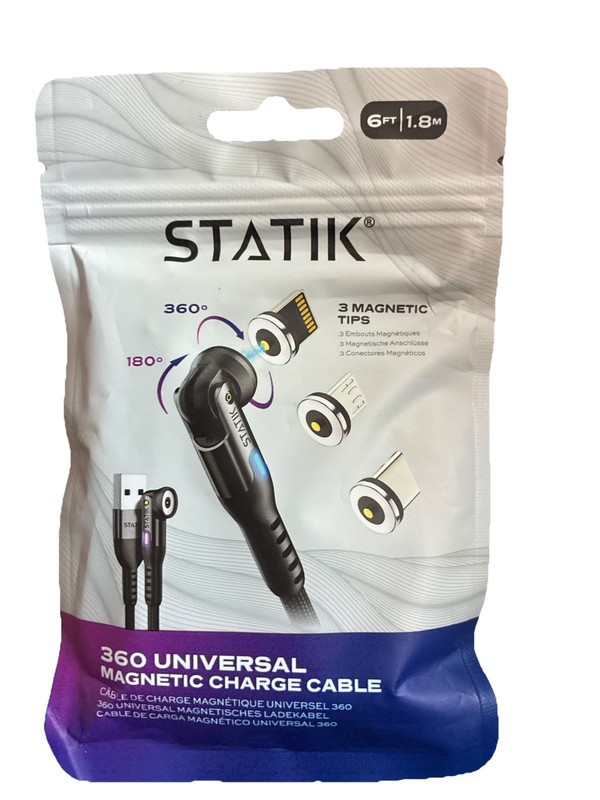 Statik 360 Universal Magnetic Charging Cable w/ 3 Magnetic Tips | 6 FT Cable