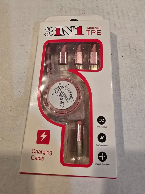 Charging Cord 3-in-I USB 3.0-compatible port Quick Data Cable Pink NEW in Box