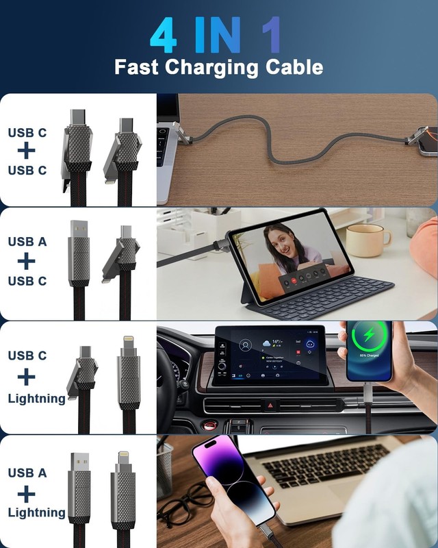 4-in-1 USB-C Fast Charging Cable (100W) – 6 FT Flat Braided 6 feet, Black gallery