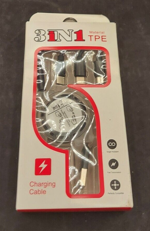 3-in-1 Retractable Charging Cable Apple Type C Micro Light***g USB 3.0 Data Sync
