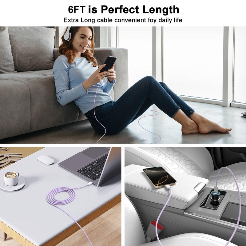 [MFi Certified] iPhone 17 16 15 Charger Cord 6FT, 2 Pack 60W 2P-6FT, Purple gallery