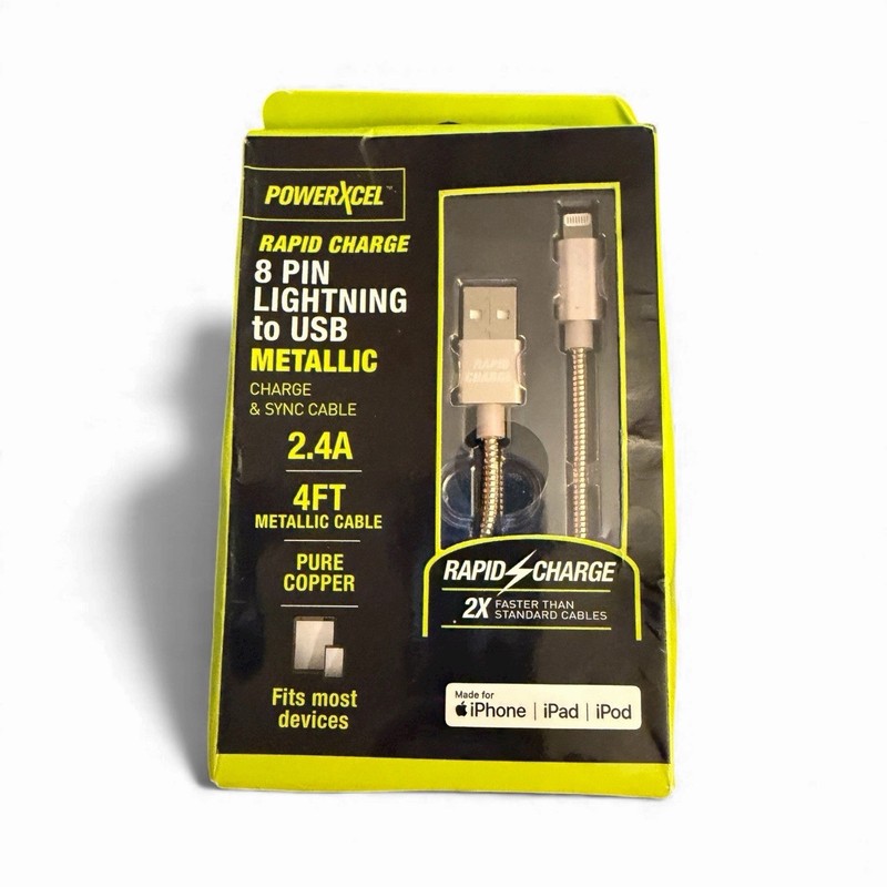 PowerXcel Rapid Charge 8 Pin USB Metallic 4FT Charge Cable – New In Box