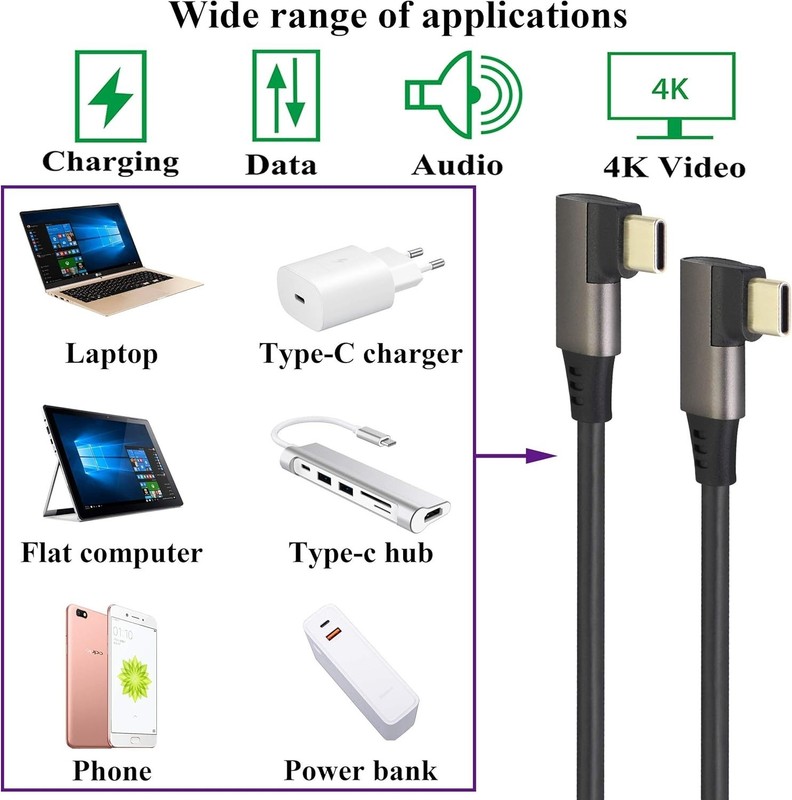 90 Degree USB 3.1 Type C Cable Right & Left Angled 3.1 USB Type C Male 4K@60H... gallery