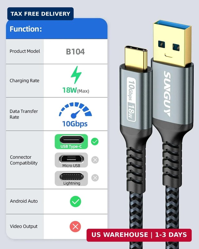 SUNGUY 10Gbps Android Auto USB C Cable, 1.5FT 3A USB 3.1 Gen 2 Fast Charge & Dat gallery