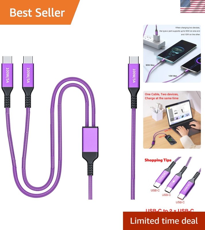 Versatile 4FT USB-C to Dual Type-C 100W Fast Charging Cable – Ideal for Travel
