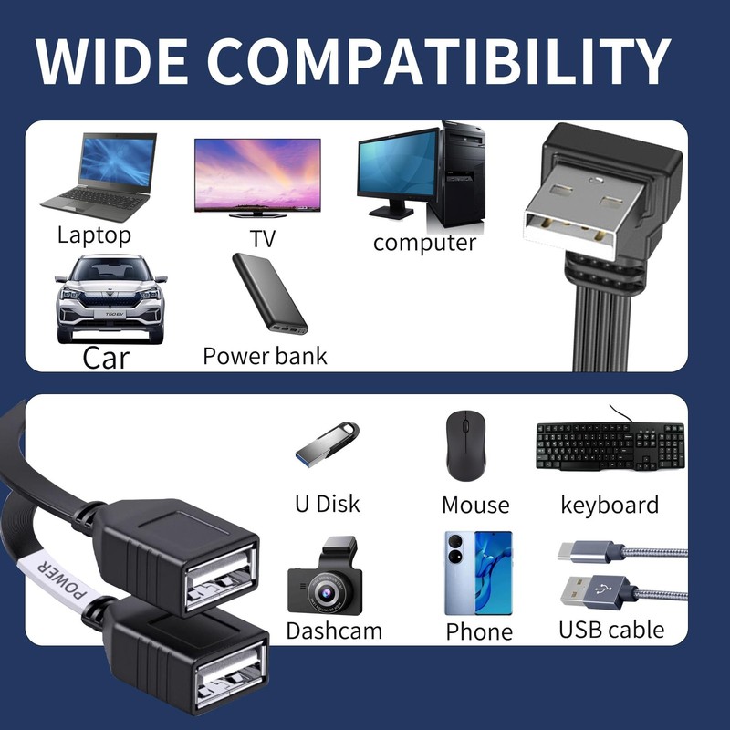 USB Splitter Cable 1 In 2 Out 90 Degree 2.0 A Male Dual Female Hub 10cm gallery