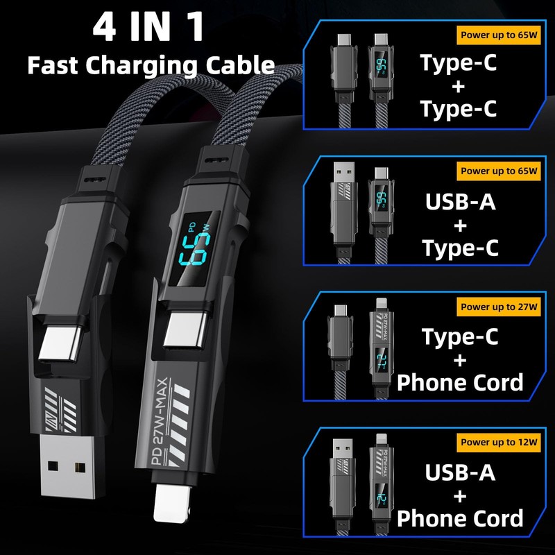 4-in-1 USB C Cable with Wattage Display, 65W 3A Flat Nylon Braided Multi Char... gallery