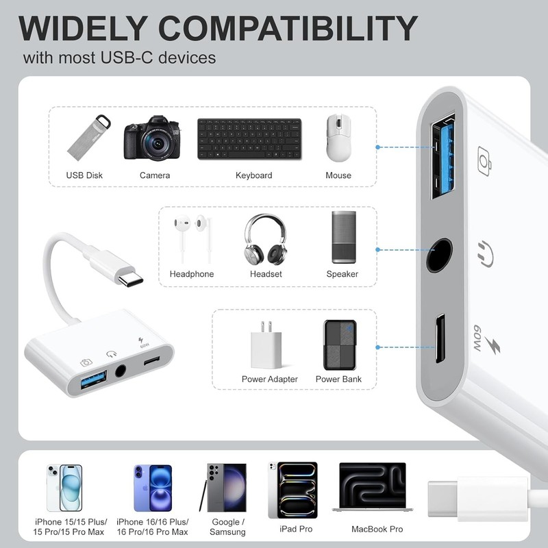 Enhance Your Devices with 3-in-1 USB C to USB Adapter - 60W Charge & Audio gallery