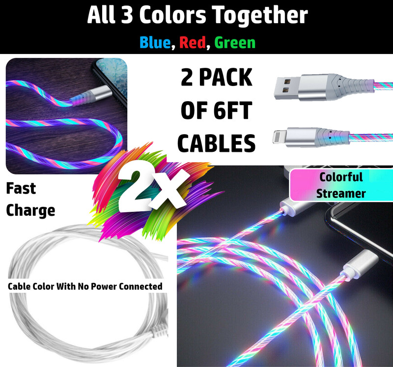 2 Pack 6FT LED Fast Charge Cable 8 Pin USB Cord for Apple iPhone 8 X XR 11 12 13