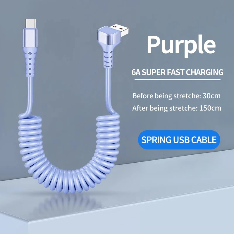 Coiled USB A to USB C Cable for Car,90 Degree Right Angle,Retractable Spring,Typ gallery