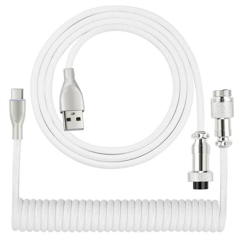 White USB Type C Keyboard Coiled Cable 6FT Braided Detachable Metal Aviator