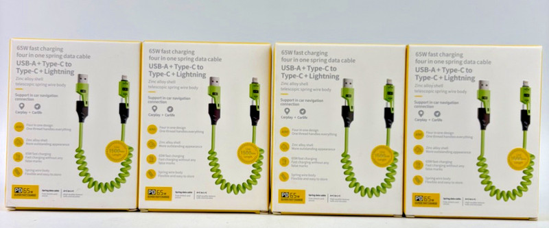 65W Spring USB A Cable+Type-c 4 in 1 Fast Charging Cord -Green