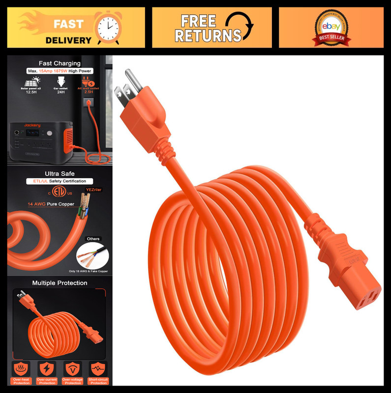 Heavy-Duty 2M Charging Cable for Power Stations, 125V 15A AC Power Cord – Orange