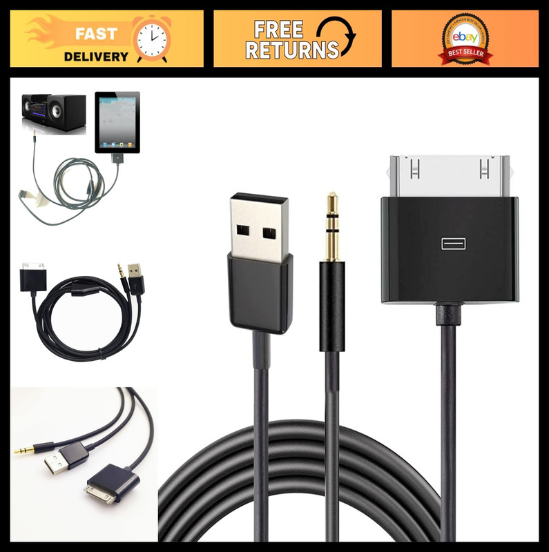 30 Pin to AUX USB Cable, 3.5mm Audio Charger & Data Sync for iPhone/iPod (Black)