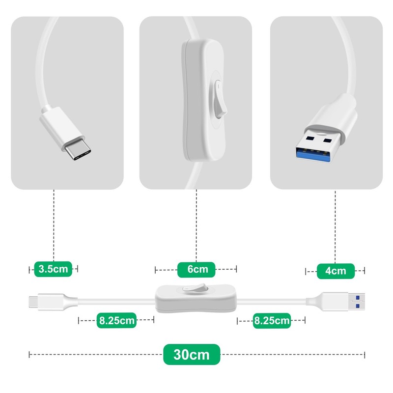White 1ft 0.3m USB 3.0 To Type C Charger Cable With On Off Switch 5Gbps 1 PCS gallery
