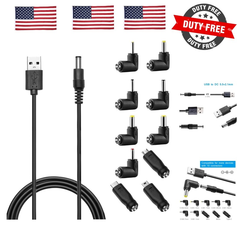 DC 5V Power Cord, USB to DC 5.5×2.1mm Plug Charging Cable with 10 Connector T…