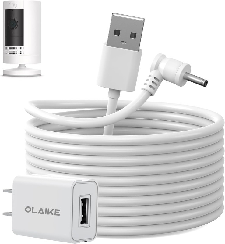5M/16Ft Charge Cable with DC Power Adapter Compatible with Ring Stick up Cam Bat