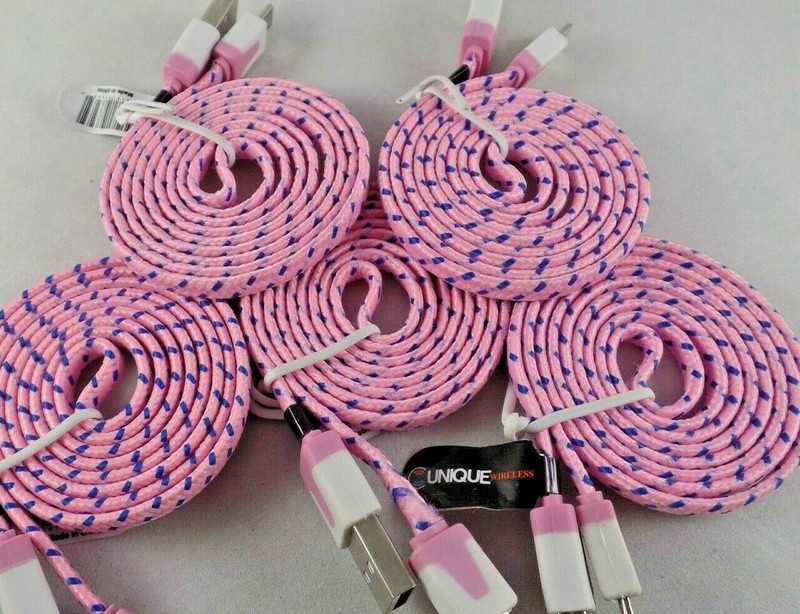 Wholesale Lot 3FT 1M FLAT Braided micro USB to USB Charger Cables 5 pieces pink