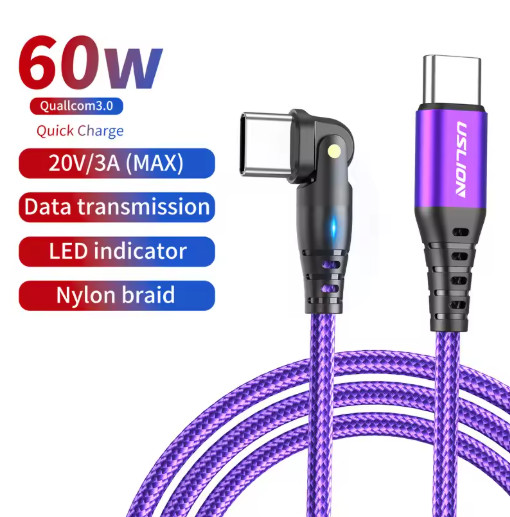 USLION PD 60W USB C to USB Type C Cable For Xiaomi Samsung S23 Macbook 180 Rotat