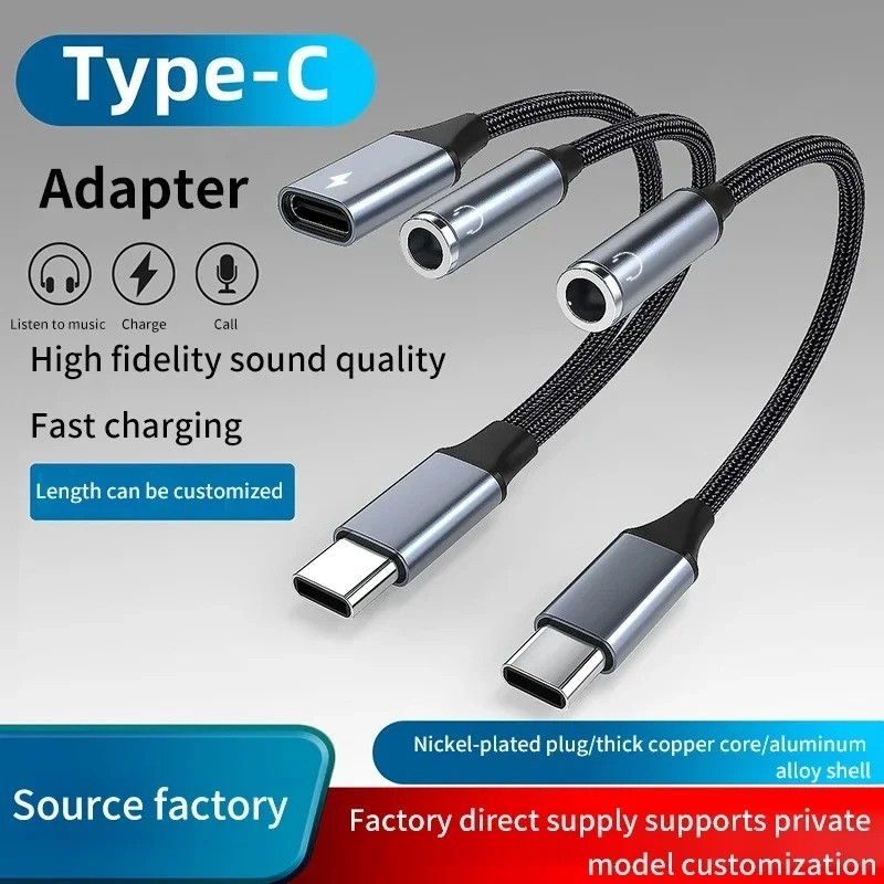 2 in 1 Type C USB C to 3.5mm AUX Audio Jack Earphone Adapter Charger Cable Black