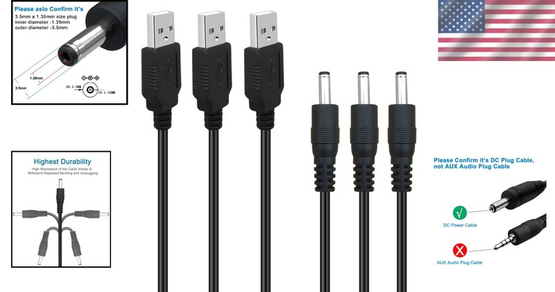 Versatile 3Pack 6FT USB to 3.5mm x 1.35mm Power Cord for Small Electronics gallery
