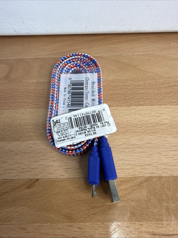 7-Eleven Braided Micro USB Charge & Sync Cable – Red, White & Blue Nylon – 3ft