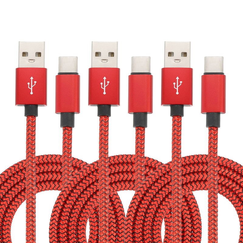 6.56ft USB Type C Charger Cable 3pcs 2.4A Type-C Braided Charging Data Cord Red