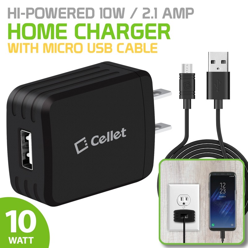 Cellet Hi-Powered 10W / 2.1 Amp Home Charger (Micro USB cable included) – Black