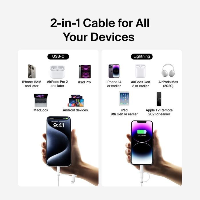 BoostCharge Pro 2-in-1 Cable with USB-C Connector, 1.5M, White gallery