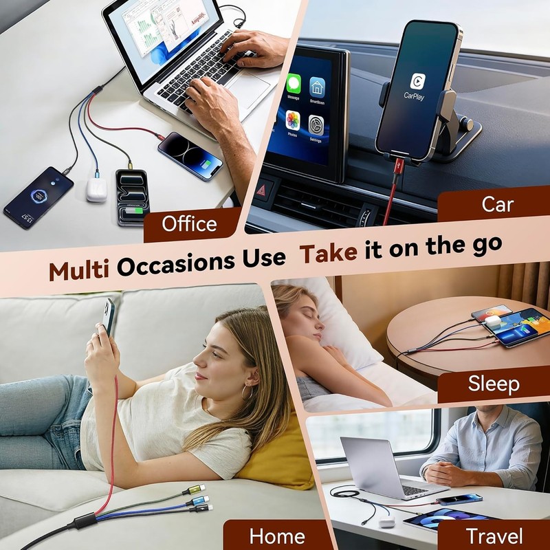Dual USB-C 4 in 2 Multi Charging Cable 6Ft for iPhone Android iPad Kindle PS gallery