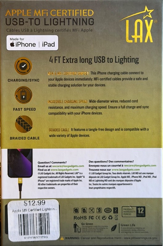 LAX 4" USB-TO LIGHTNING APPLE MFi CERTIFIED CABLE NEW IN BOX gallery