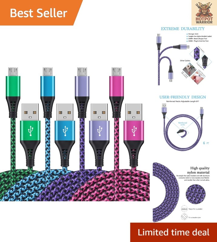 Nylon Braided Micro USB Charging Cable, 6ft Length – 4 Pack for Fast Charging