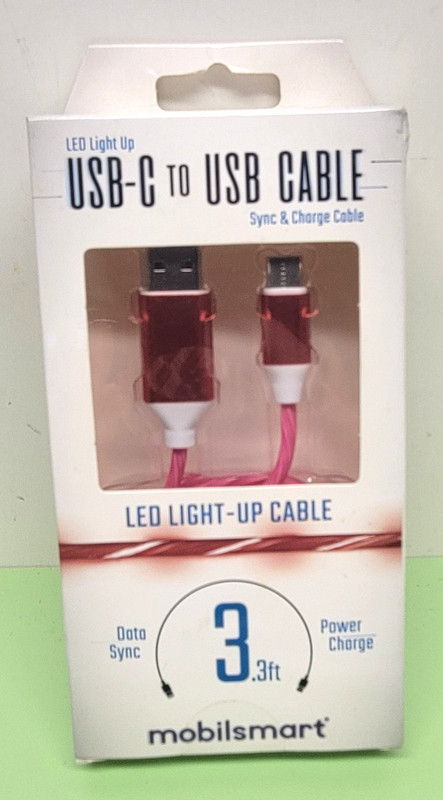 USB-C TO USB LED LIGHT UP CABLE CELL PHONE 3 FT. NIP CHECK PKG FOR COMPATIBILITY