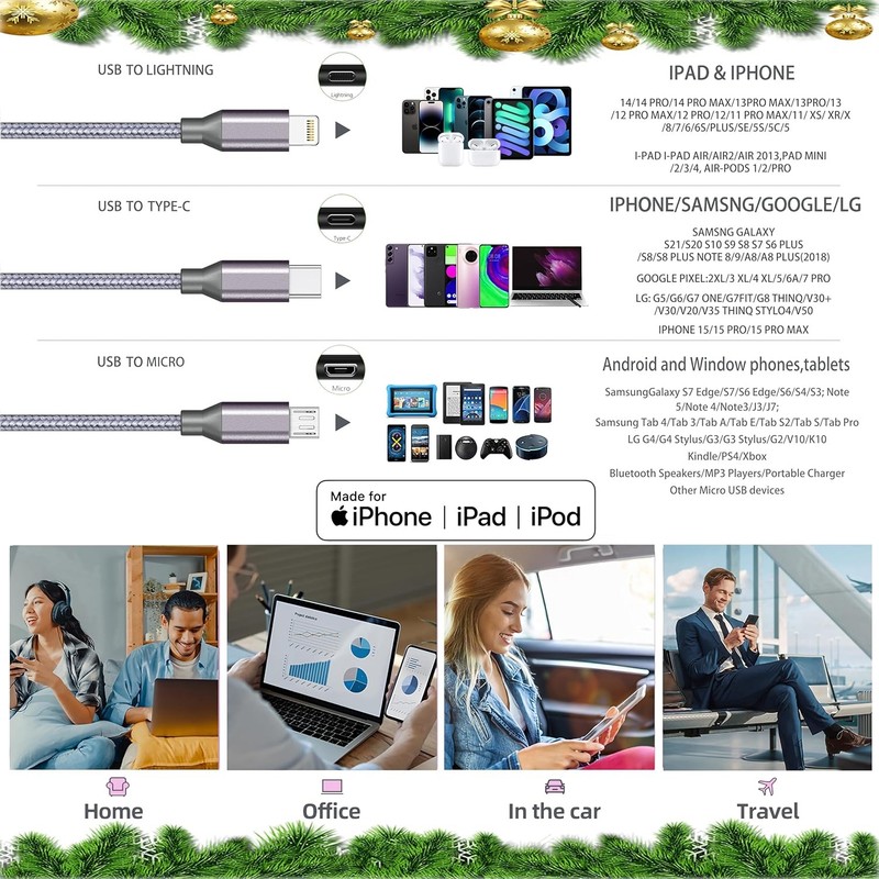 Multi Charging Cable (6ft 2Pack),3 in 1 USB Charging Cable for Multiple Devices, gallery