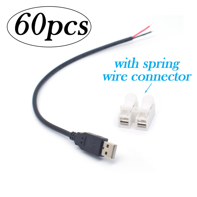 60x 18AWG USB 2.0 Male Pigtail Cable 0.3M/1FT 5V7A 2-Pin Bare Wire DIY Connector