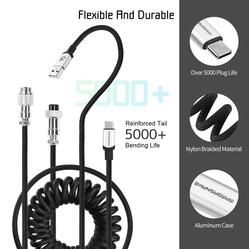 Coiled Mechanical Keyboard Cable USB C to A with Detachable Aviator Black gallery