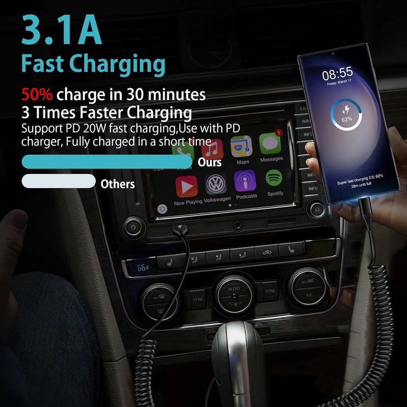 USB to USB C Cable Coiled 3FT Car Charger Cord for iPhone 16e/16/16 Pro/16 Pro M gallery