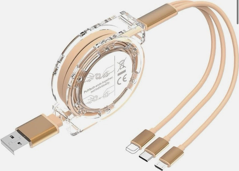 3-in-1 Retractable Charging Cable Gold 39.4in USB-C Micro-USB 8 Pin Universal