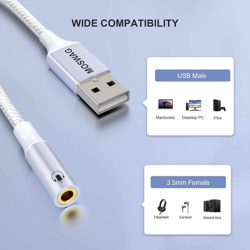USB to 3.5mm Jack Audio Adapter,USB to Aux Cable with TRRS 4-Pole Mic-Supported gallery