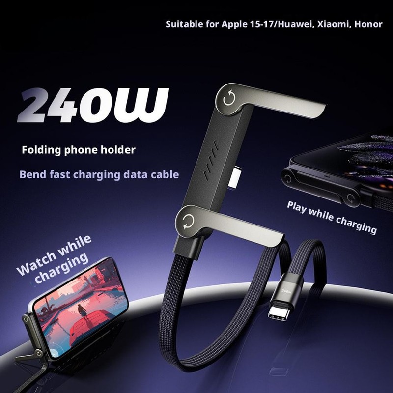 5FT 240W Braided Fast Charging Cord USB C Charger Cable + Invisible Phone Stand gallery