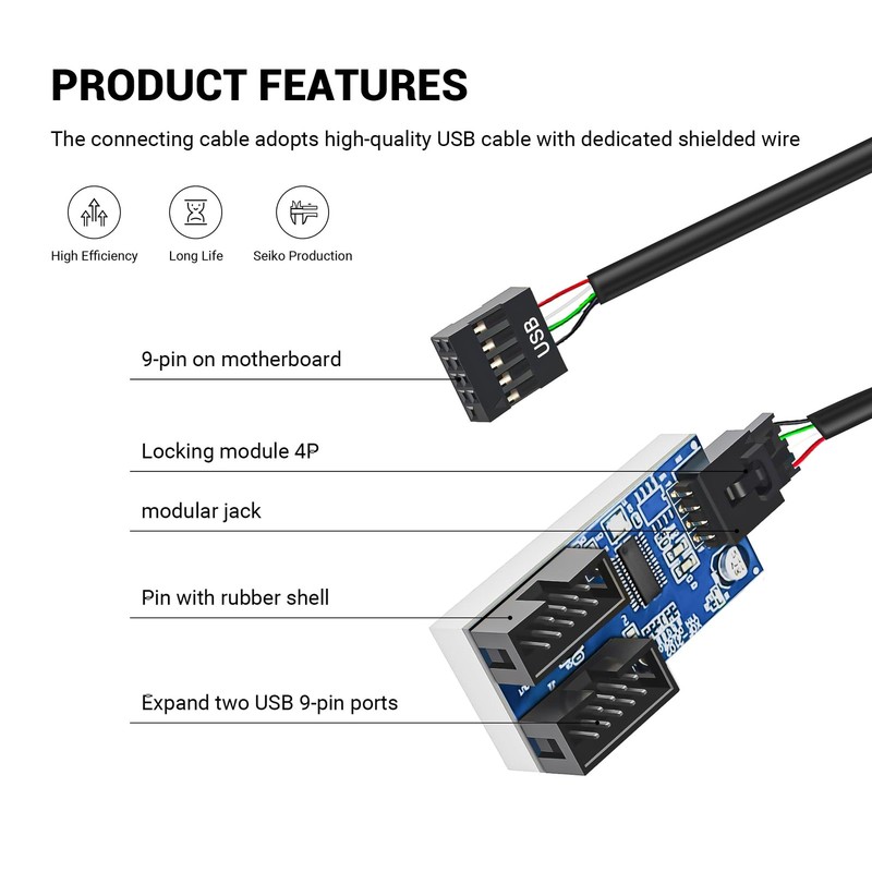Motherboard 9-Pin USB Header SplitterUSB 2.0 Splitter 9-Pin Female 1 to 2 Mal... gallery